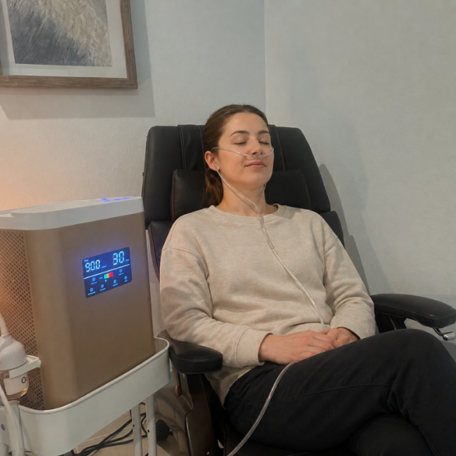 Woman relaxing in a medical chair with a nasal oxygen tube, connected to a nearby oxygen concentrator in a clinic room.
