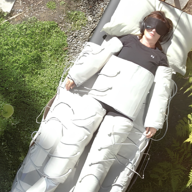 Person wearing a sleep mask and headphones resting in a white inflatable medical suit outdoors among plants.